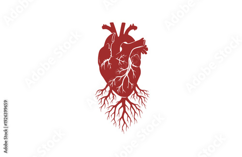 Anatomical Heart with Mycelium Root System Silhouette. Nature Connection and Biological Growth Concept Sticker Design Vector.