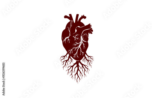 Anatomical Heart with Mycelium Root System Silhouette. Nature Connection and Biological Growth Concept Sticker Design Vector.