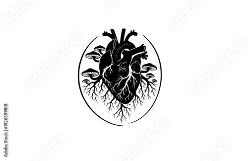 Anatomical Heart with Mycelium Root System Silhouette. Nature Connection and Biological Growth Concept Sticker Design Vector.