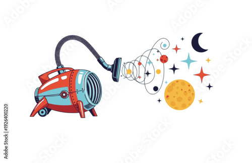 Retro Atomic Vacuum Cleaner Sucking Stars and Moon Silhouette. Surreal Silliness and Mid Century Modern Space Concept Vector.