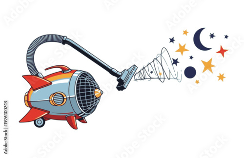 Retro Atomic Vacuum Cleaner Sucking Stars and Moon Silhouette. Surreal Silliness and Mid Century Modern Space Concept Vector.