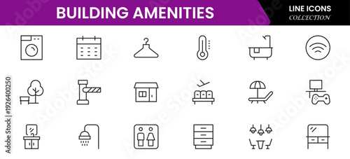 Convenient vector web line icons depicting amenities, facilities, services, pools, gyms, parking, and modern lifestyle conveniences.