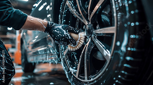 Closeup of a person carefully cleaning a car wheel with a brush and soap.