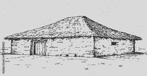 Vector illustration of a stone house with thatched roof