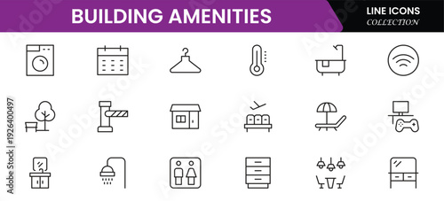 Convenient vector web line icons depicting amenities, facilities, services, pools, gyms, parking, and modern lifestyle conveniences.