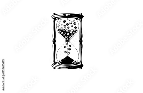 Vintage Hourglass with Falling Smartphone Icons Silhouette. Digital Detox and Time Management Concept Sticker Design Vector.