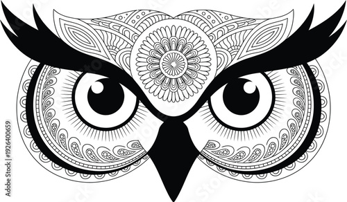 Stylized owl face with detailed mandala patterns around eyes and forehead, large expressive eyes, graphic vector art for design and decoration.