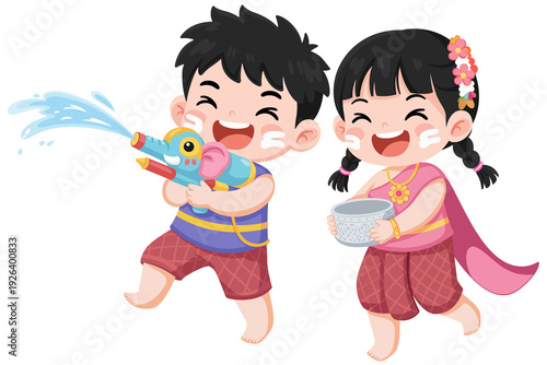 Girls and boys play in the water on Songkran Day.