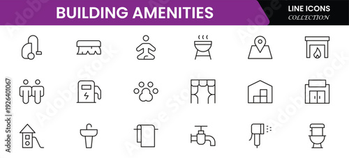 Convenient vector web line icons depicting amenities, facilities, services, pools, gyms, parking, and modern lifestyle conveniences.