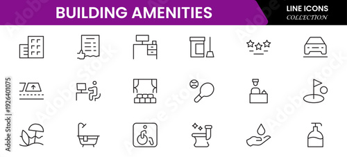 Convenient vector web line icons depicting amenities, facilities, services, pools, gyms, parking, and modern lifestyle conveniences.