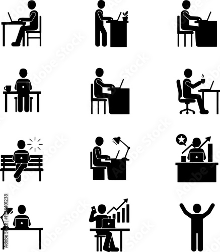 Remote Work and Work From Home Silhouette Set – Freelancer Working on Laptop Business Growth Concepts