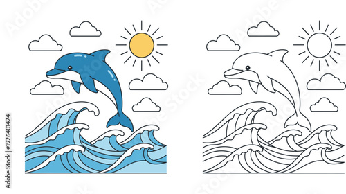 Cute jumping dolphin over ocean waves vector illustration. Includes colored flat design and black and white line art outline for coloring book pages.