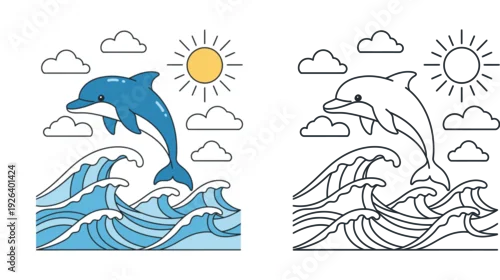 Tapety Cute jumping dolphin over ocean waves vector illustration. Includes colored flat design and black and white line art outline for coloring book pages.