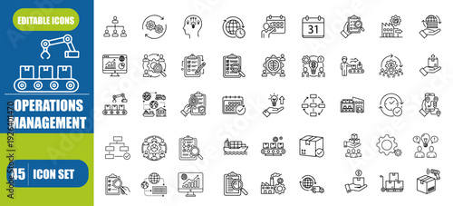 Operations management icon set. Containing production, logistics, supply chain, manufacturing, planning, inventory management, strategy, customer satisfaction and cost icons. Solid icon collection.

