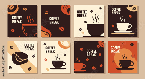 A collection of coffee-themed posters showcasing various coffee cups and beans from a top-down viewpoint in different environments