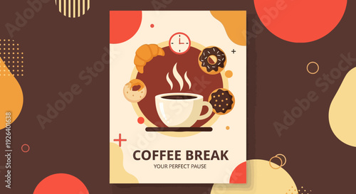 A coffee break scene featuring a steaming cup surrounded by coffee beans and decorative elements on a graphic poster.