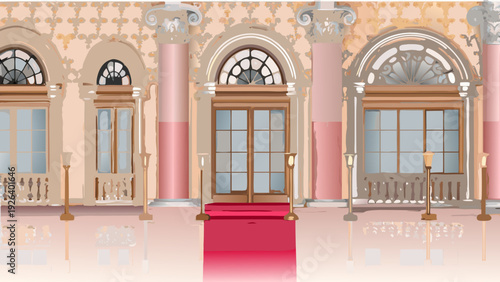 Elegant palace facade with arched windows a red carpet and columns