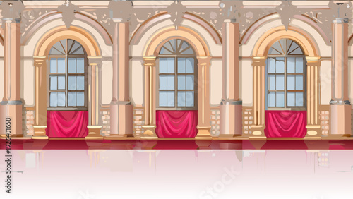 Ornate palace facade with arched windows and red drapery details