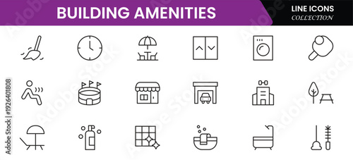 Convenient vector web line icons depicting amenities, facilities, services, pools, gyms, parking, and modern lifestyle conveniences.