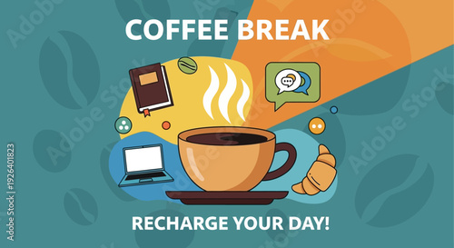 A steaming cup of coffee surrounded by digital devices and pastries on a vibrant background, symbolizing a break to recharge