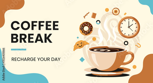 A steaming cup of coffee on a saucer, surrounded by donut and clock, symbolizing a break and recharge during a busy day from a top-down view