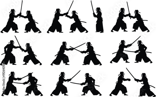 Kendo fighters silhouette collection, Japanese samurai sword combat poses set, martial arts duel action vector illustration isolated on white background