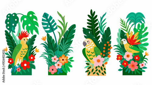 Tropical birds nestled amongst lush green foliage and vibrant flowers