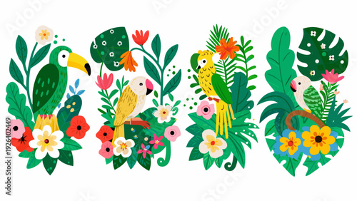 Tropical birds and lush foliage in a vibrant colorful illustration