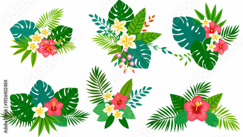 Tropical floral arrangements featuring monstera hibiscus and other lush leaves