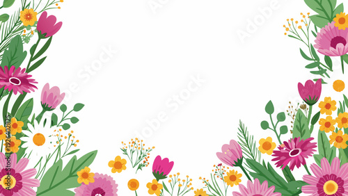 Floral arrangement of pink yellow and purple blossoms framing a white space