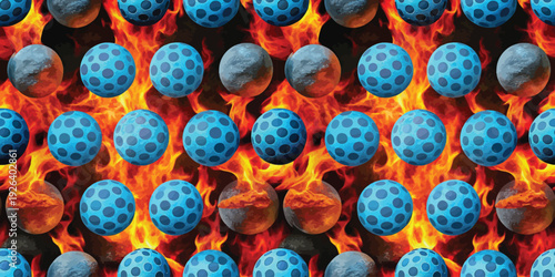 Abstract digital illustration of glowing spherical particles amid fiery background Vector