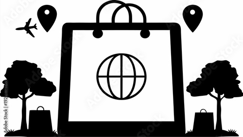 Vector silhouette of shopping bag with globe on white background surrounded by travel icons