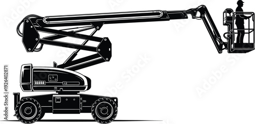 Boom lift silhouette with operator in basket, aerial work platform, construction equipment, maintenance machinery, industrial lifting device, engineering access illustration, flavector