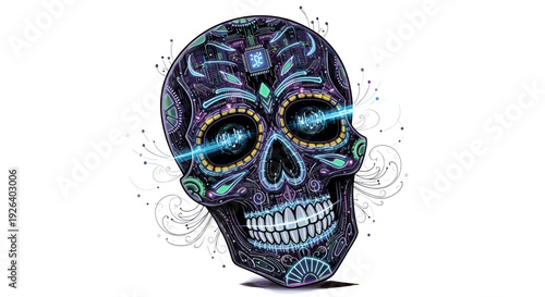 Colorful Sugar Skull with Ornate Designs.