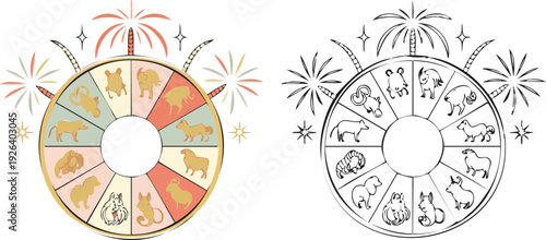 Chinese zodiac animals Illustration and outline set isolated on transparent background