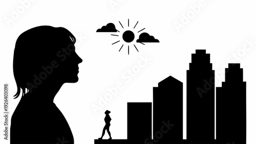 Silhouette of confident woman looking out over cityscape with sunny sky