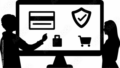 Silhouette of two people interacting with a secure online shopping desktop computer screen