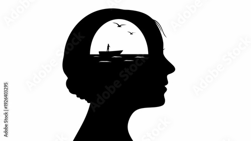 Thoughtful woman silhouette with boat in mind on white background