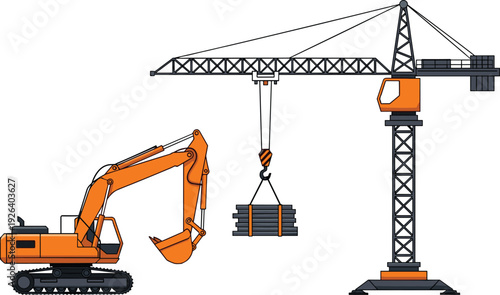 Excavator with bucket and tower crane lifting steel beams, construction site machinery, industrial equipment, engineering worksite illustration, heavy transport vehicle, flavector