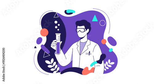 Scientist in a white lab coat examines a graduated test tube filled with liquid against a vibrant abstract background featuring deep indigo and bright coral accents.