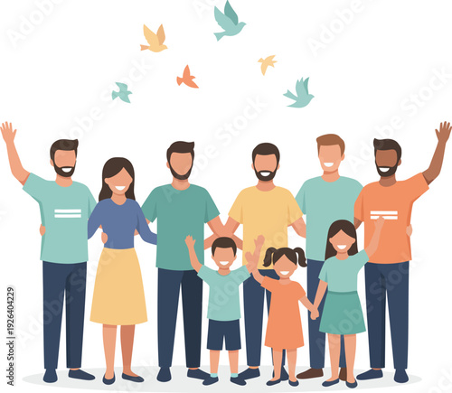 Diverse group of people celebrating togetherness and equality with colorful birds flying above them, symbolizing freedom and unity