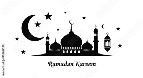 Ramadan kareem illustration with crescent moon and mosque silhouette