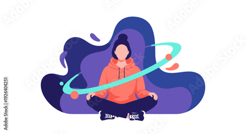 Woman in orange hoodie sits cross-legged in deep meditation posture surrounded by deep blue, swirling abstract shapes and bright turquoise energy rings.
