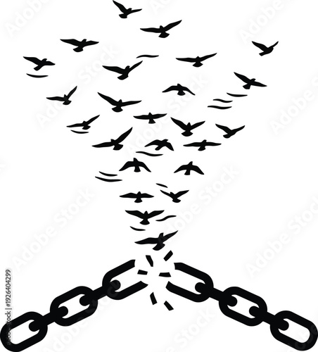 Symbolic illustration of a broken chain releasing a flock of birds into the sky, representing freedom and liberation from restraint