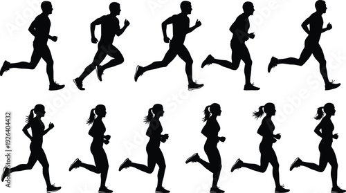Black silhouette set of male and female runners in motion showing full running gait cycle stages for fitness health sport and athletic training exercise