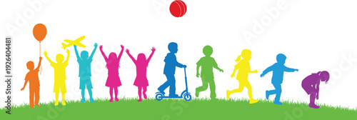 Colorful vector silhouette collection of diverse happy children playing outdoors with balloons, airplanes, and scooters on green grass for summer education and childhood designs.