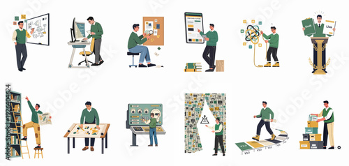 Illustrations of the complete digital product lifecycle, encompassing planning, coding, design, deployment, content management, and version control.