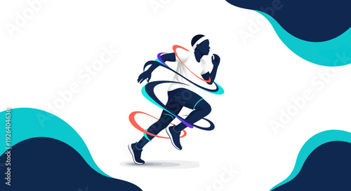 Dynamic silhouette illustration of an athlete running surrounded by flowing, vibrant abstract energy trails featuring turquoise and orange accents on a white background.