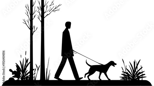 Tranquil Stroll: A Silhouette of a Person and Dog in the Evening