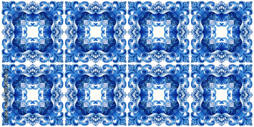 Vector decorative pattern blue and white design with frame or border. Baroque Vector mosaic. Traced watercolo. Capri Majolica